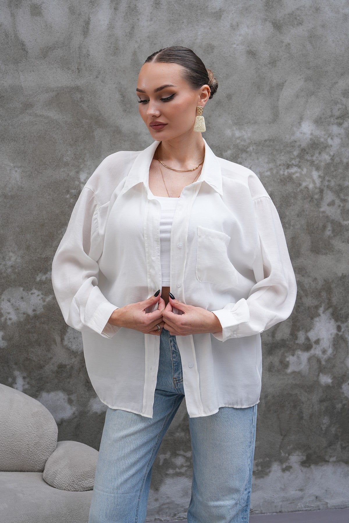 Beyaz Tensel Oversize Gömlek