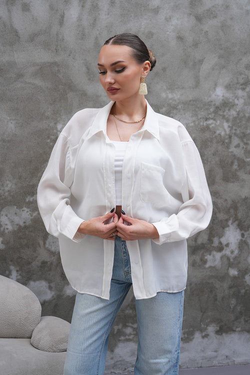 Beyaz Tensel Oversize Gömlek