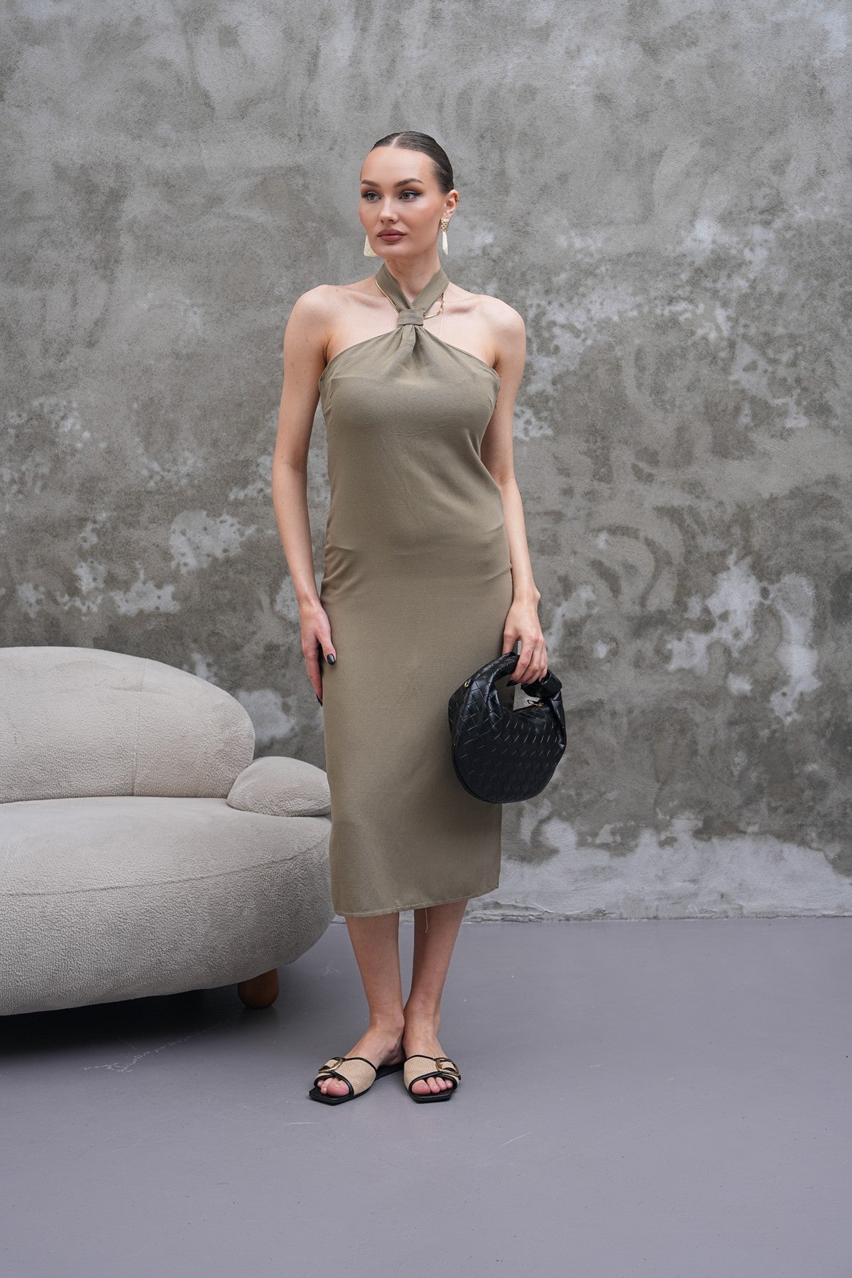 Haki Renk Boyundan Bağlama Midi Elbise