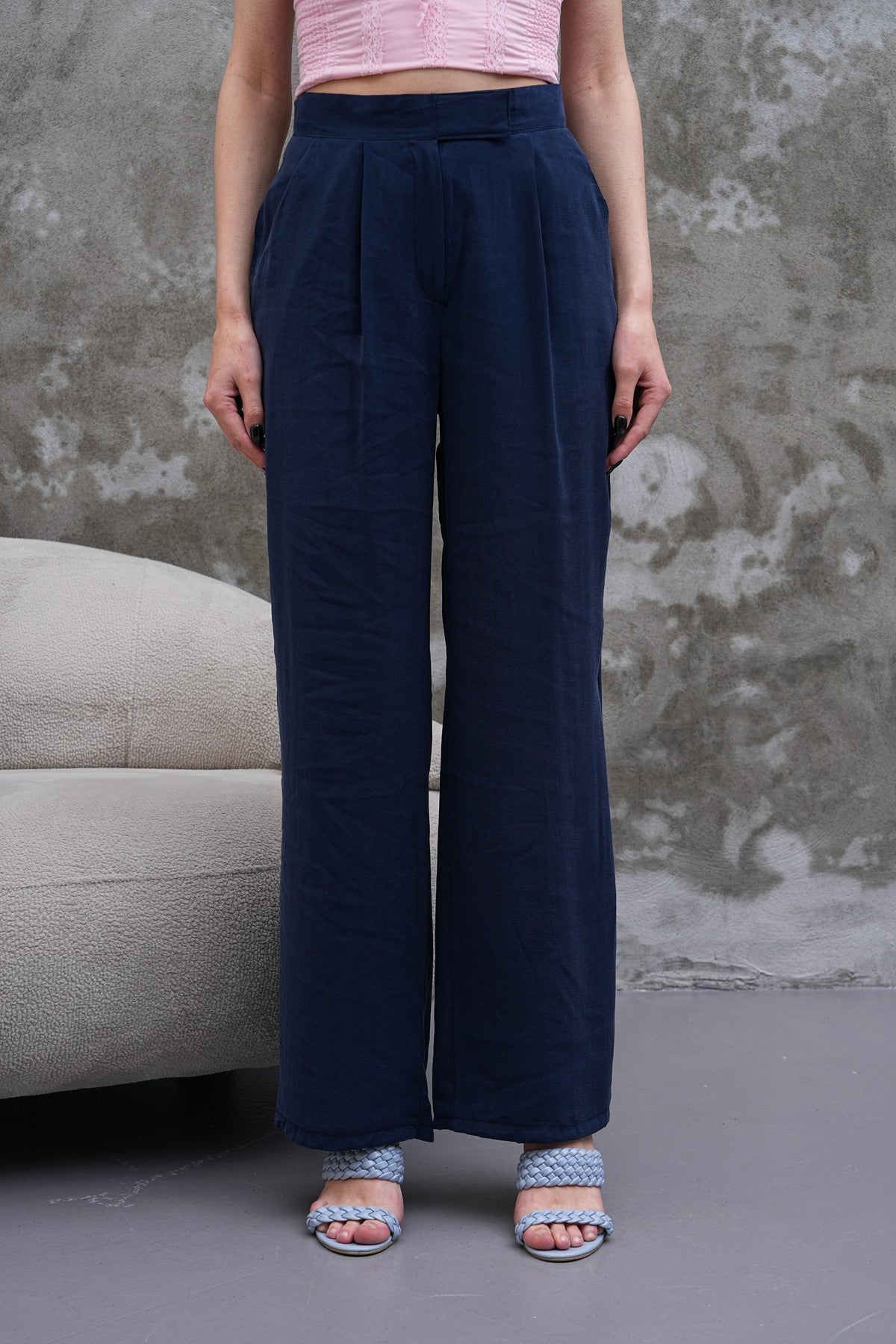 Lacivert Yüksek Bel Çıt Çıt Detaylı Pantolon
