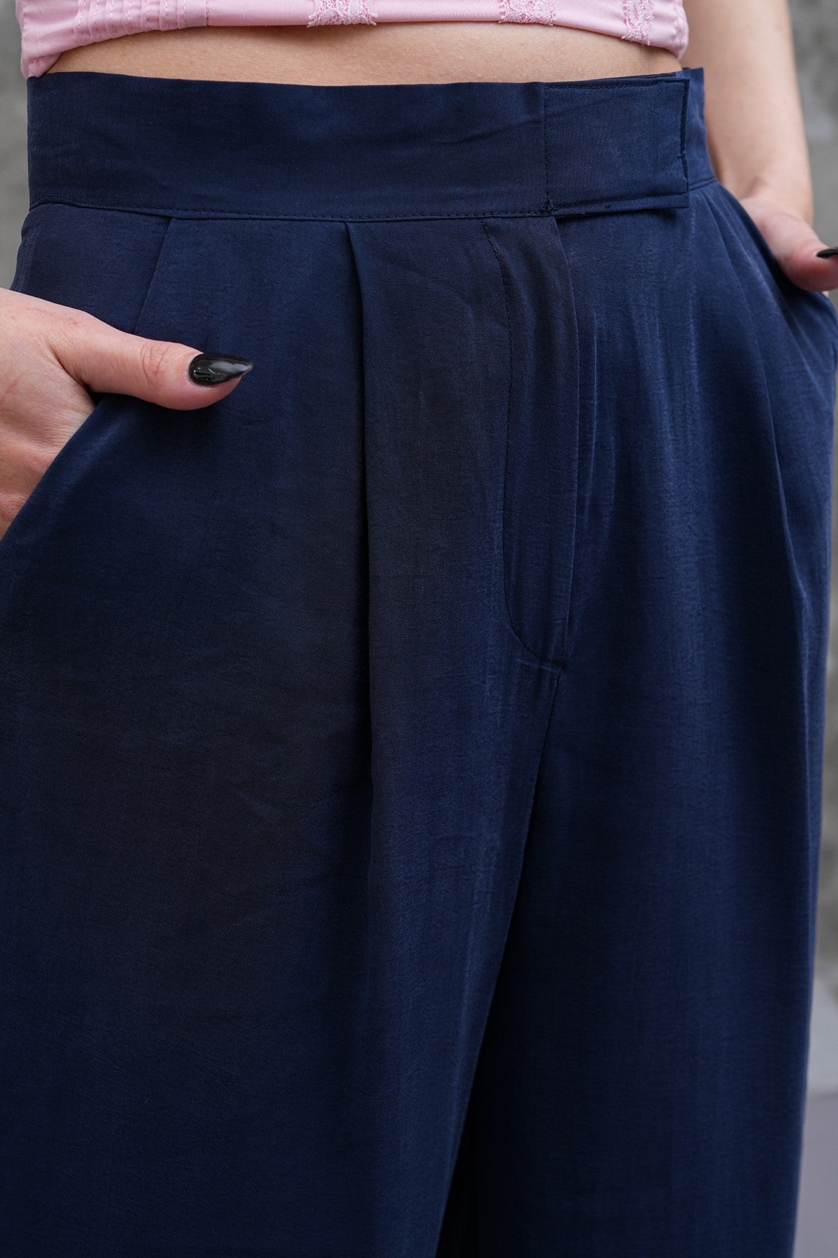Lacivert Yüksek Bel Çıt Çıt Detaylı Pantolon
