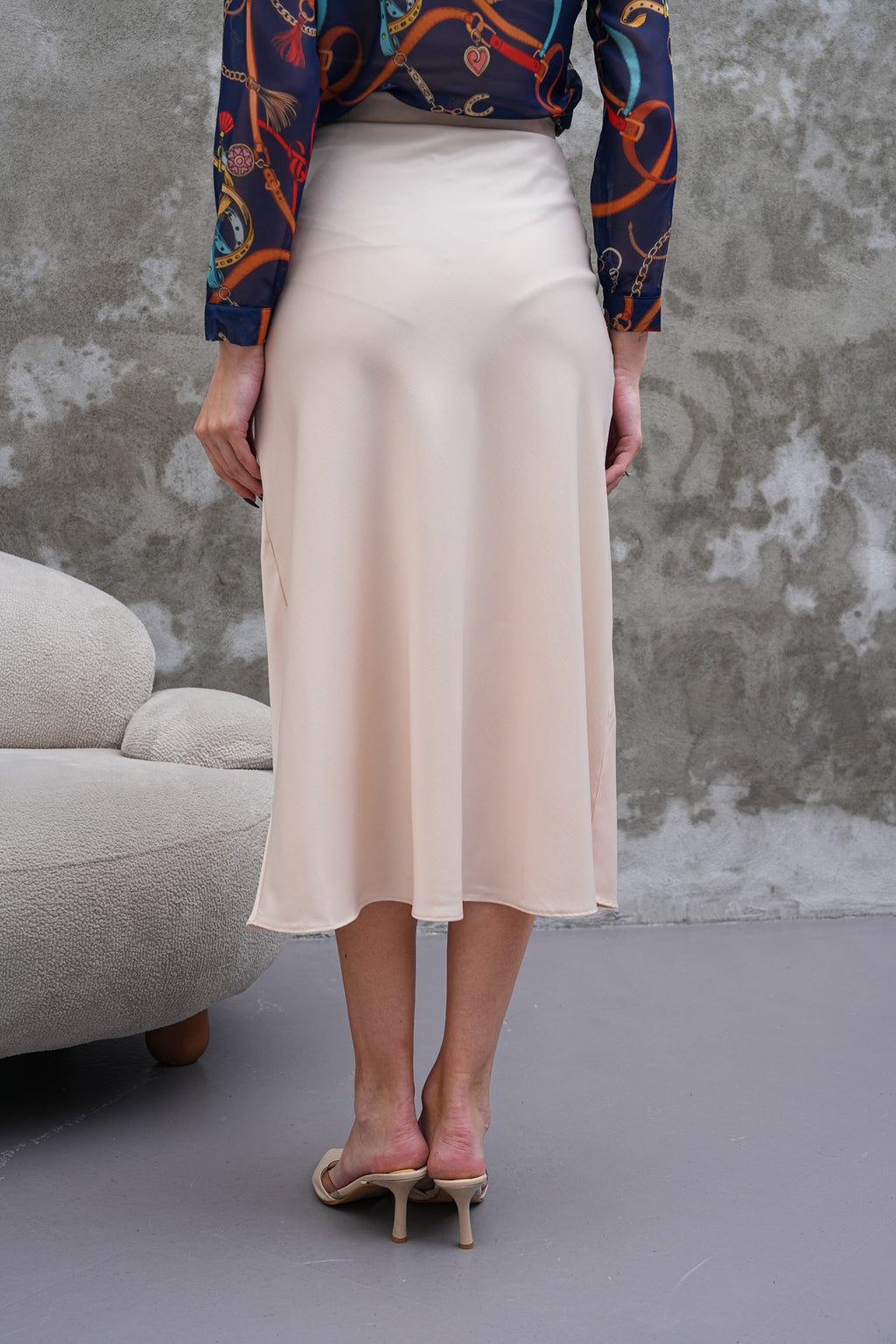 Saten Midi Boy Ekru Etek