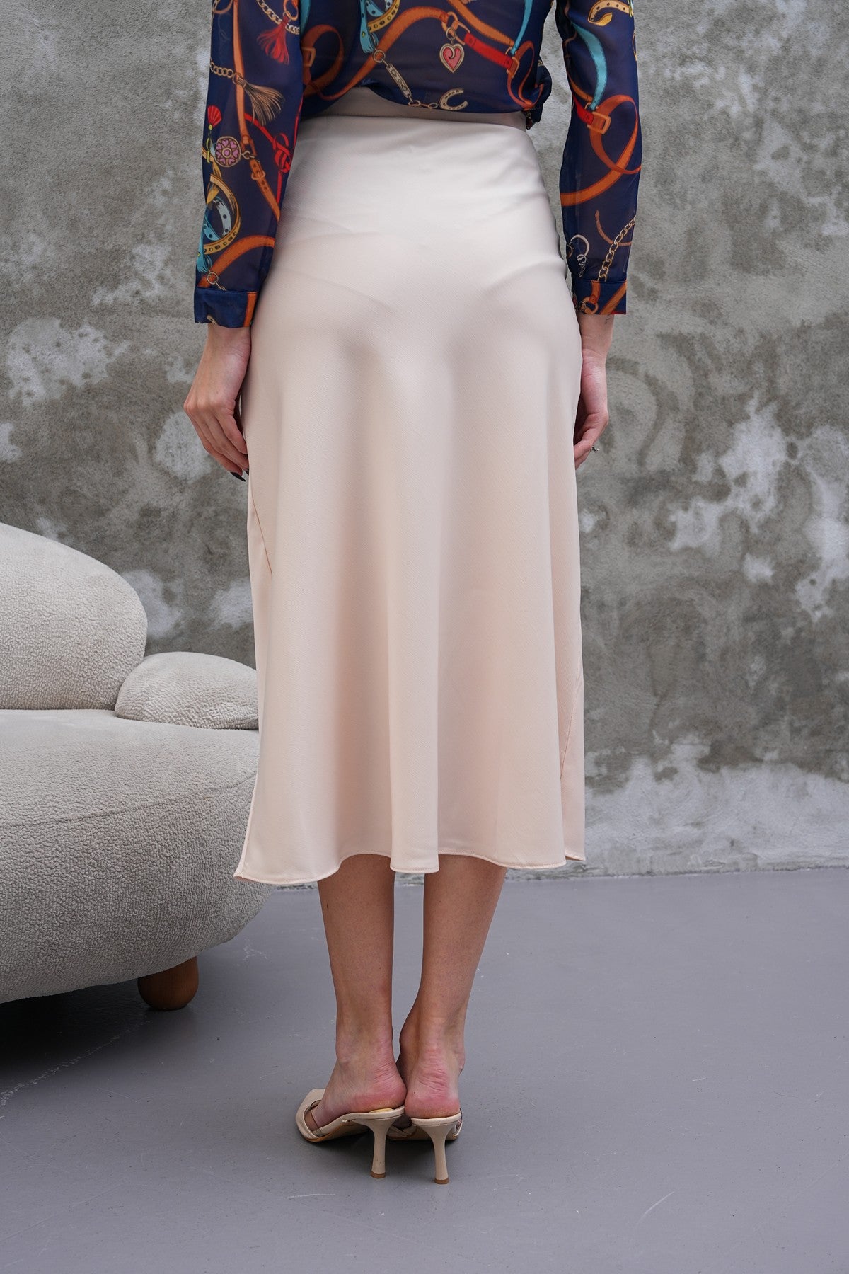 Saten Midi Boy Ekru Etek