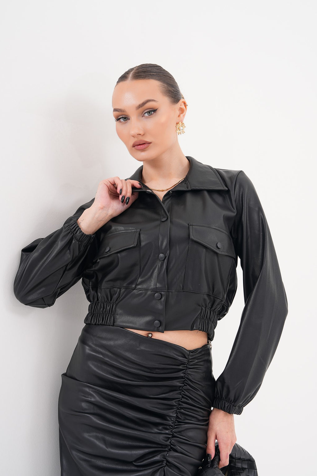 Arka Düğme Detaylı Deri Ceket