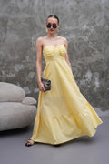 Sarı Askılı Volanlı Uzun Elbise