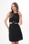 Siyah Yan Kesik Detaylı Mini Elbise
