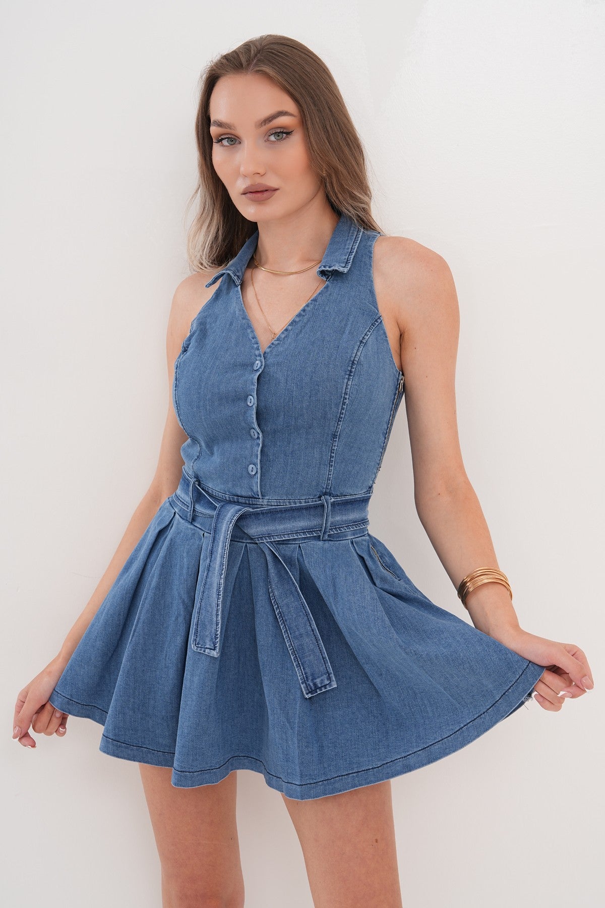 Açık Mavi Kemer Detaylı Mini Jean Elbise