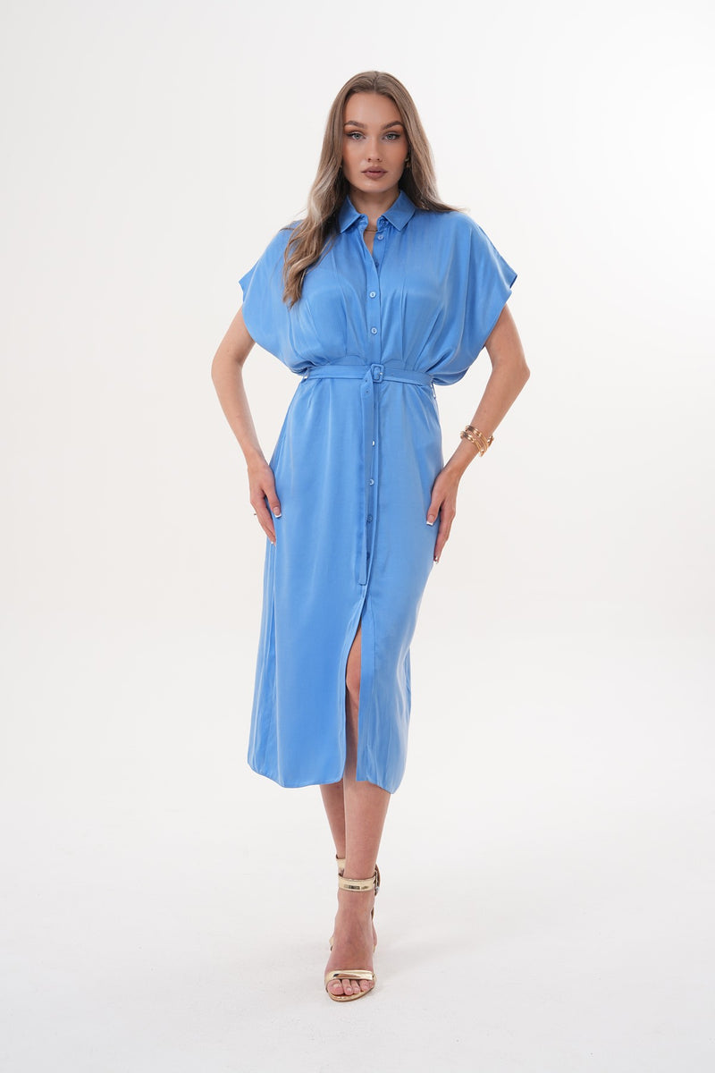 Mavi Midi Boy Kemer Detaylı Elbise