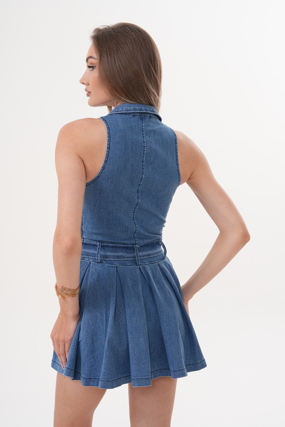 Açık Mavi Kemer Detaylı Mini Jean Elbise