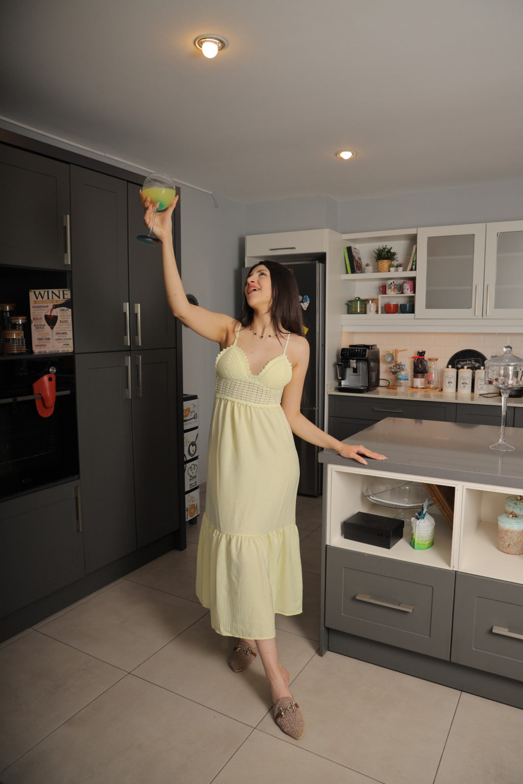 Sarı Örme Göğüs Detaylı Elbise