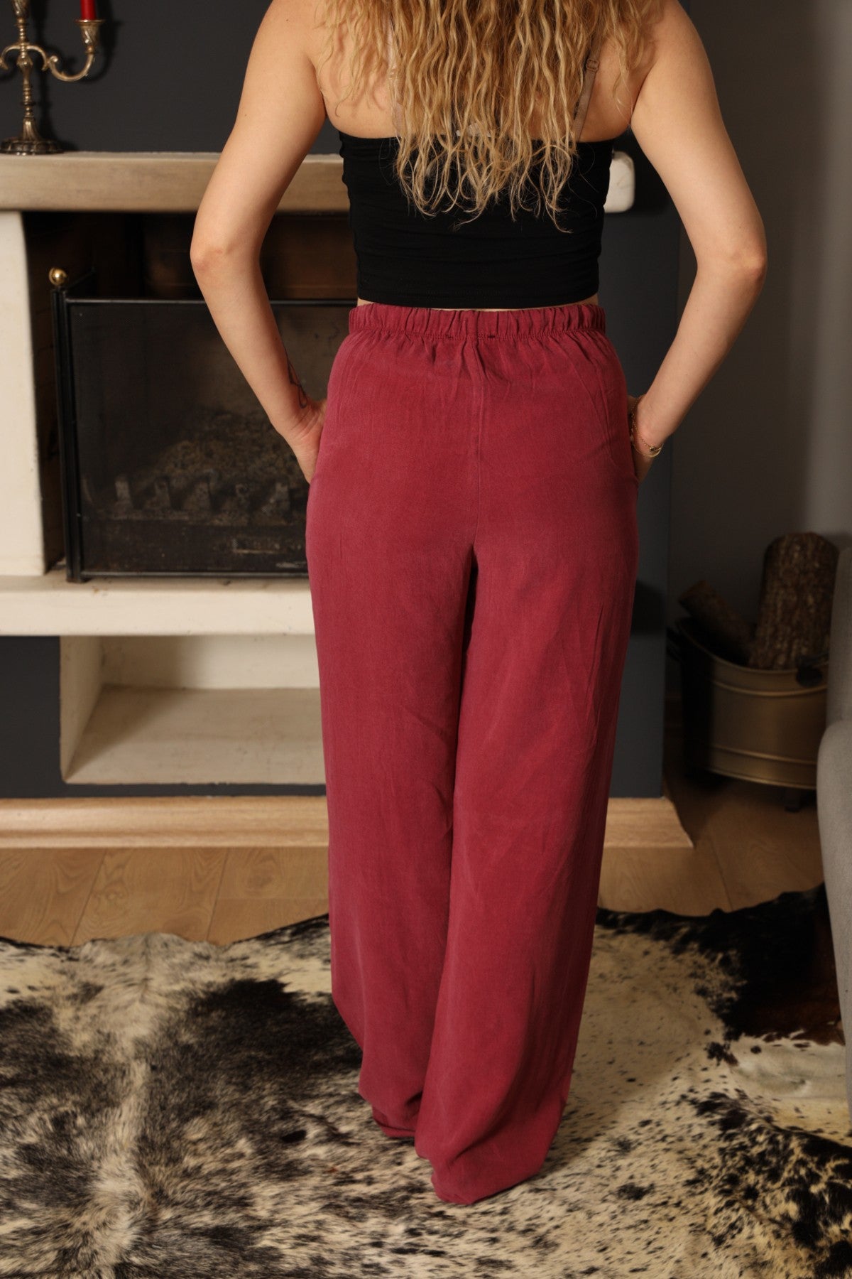 Vişne Çürüğü Keten Palazzo Pantolon