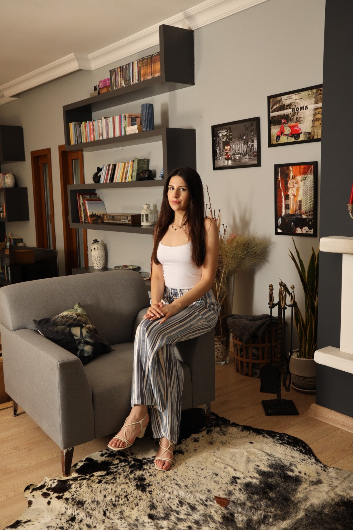 Mavi Beyaz Şeritli Saten Palazzo Pantolon