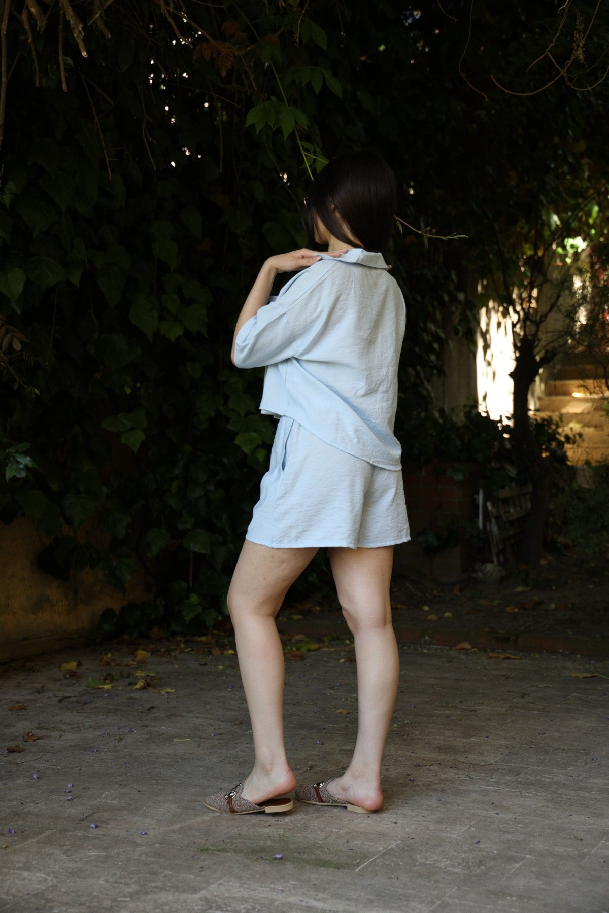 Bebe Mavisi Keten Şort Gömlek Takım