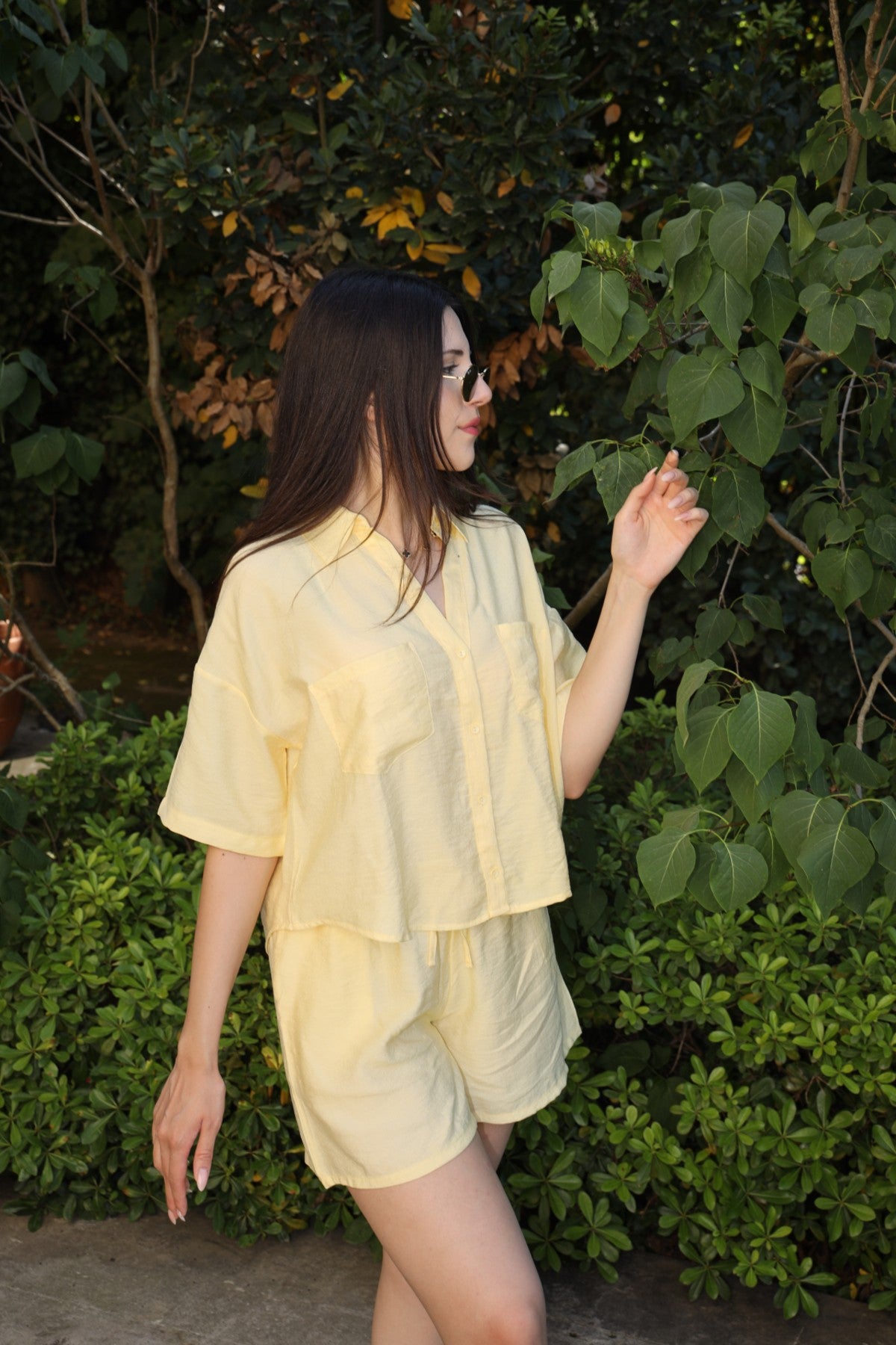 Sarı Keten Şort Gömlek Takım