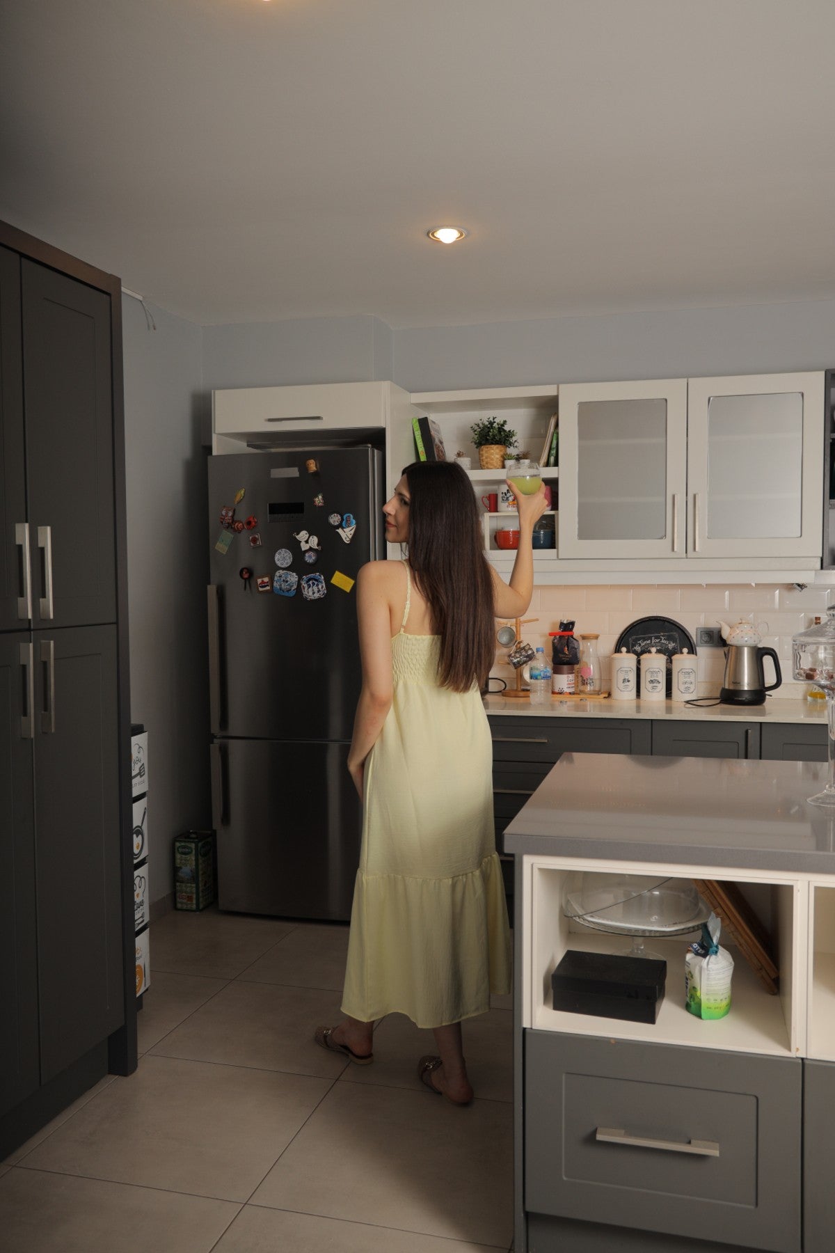 Sarı Örme Göğüs Detaylı Elbise