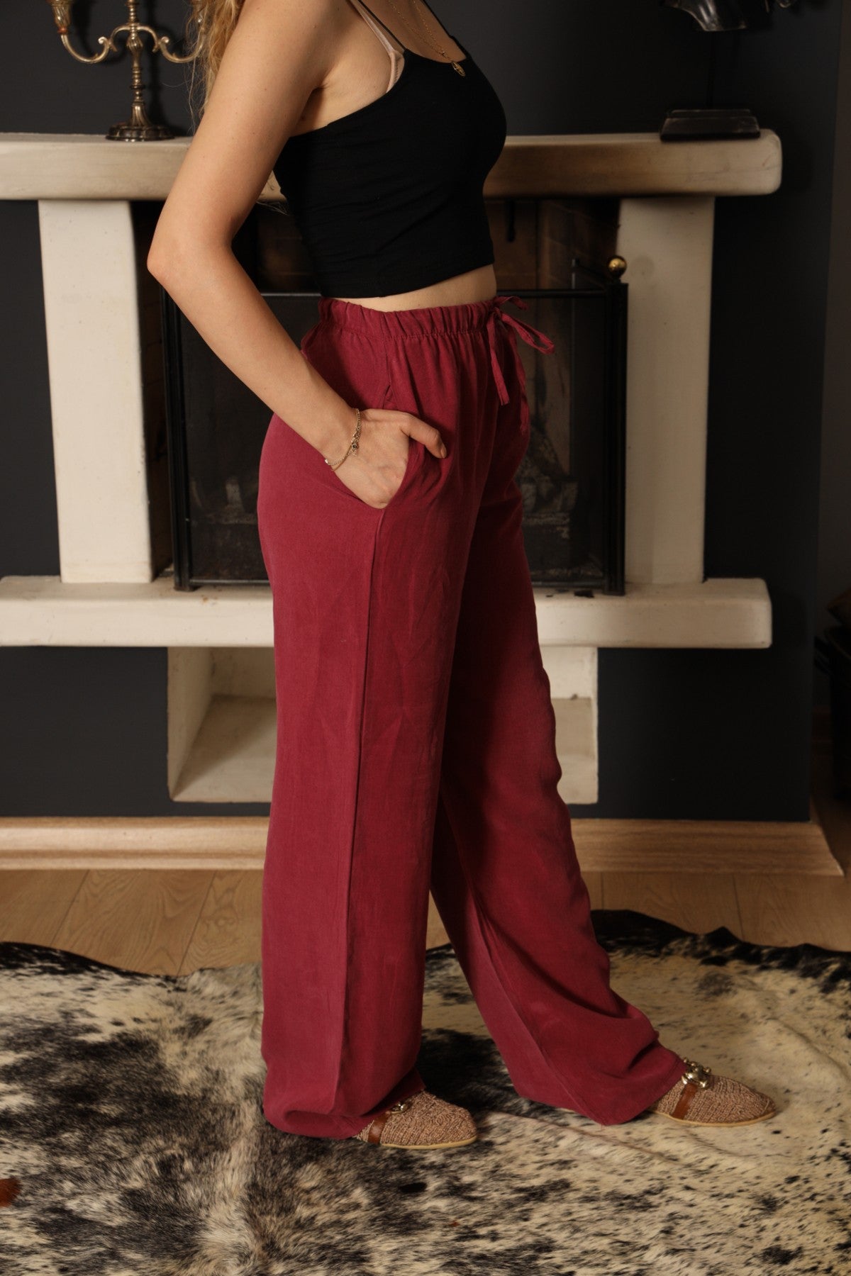 Vişne Çürüğü Keten Palazzo Pantolon