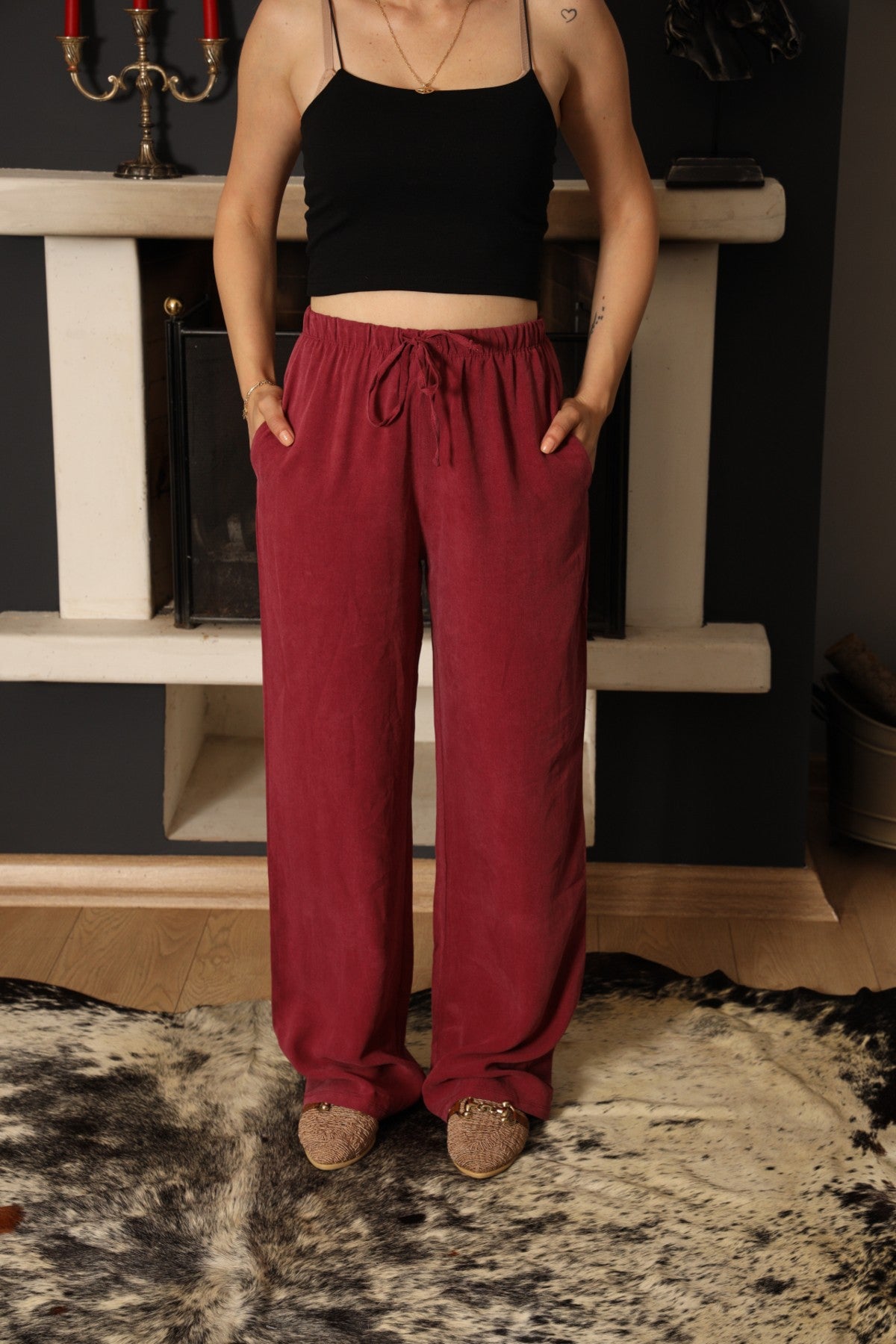 Vişne Çürüğü Keten Palazzo Pantolon