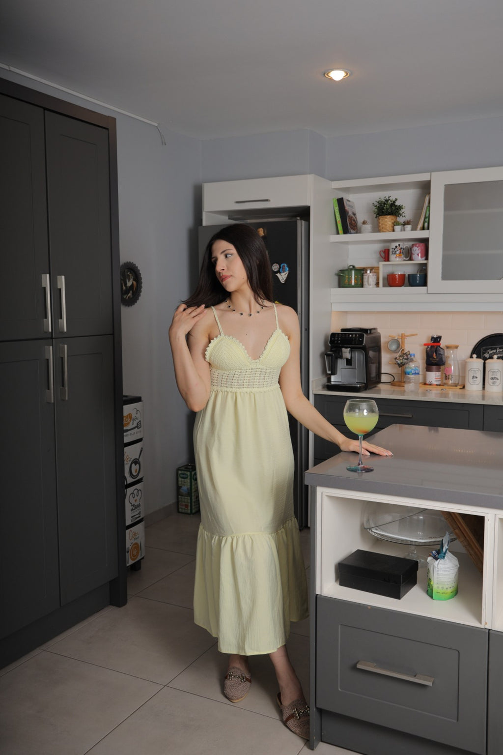 Sarı Örme Göğüs Detaylı Elbise