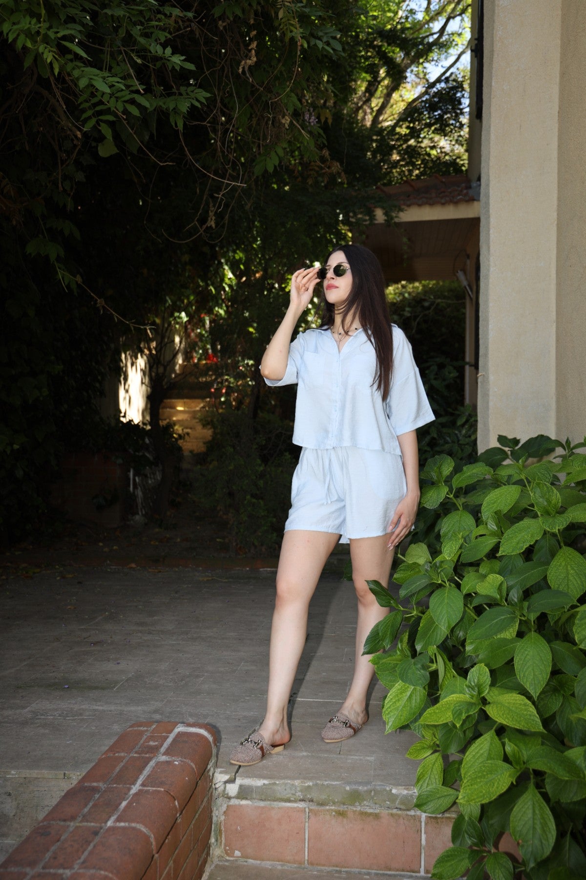 Bebe Mavisi Keten Şort Gömlek Takım