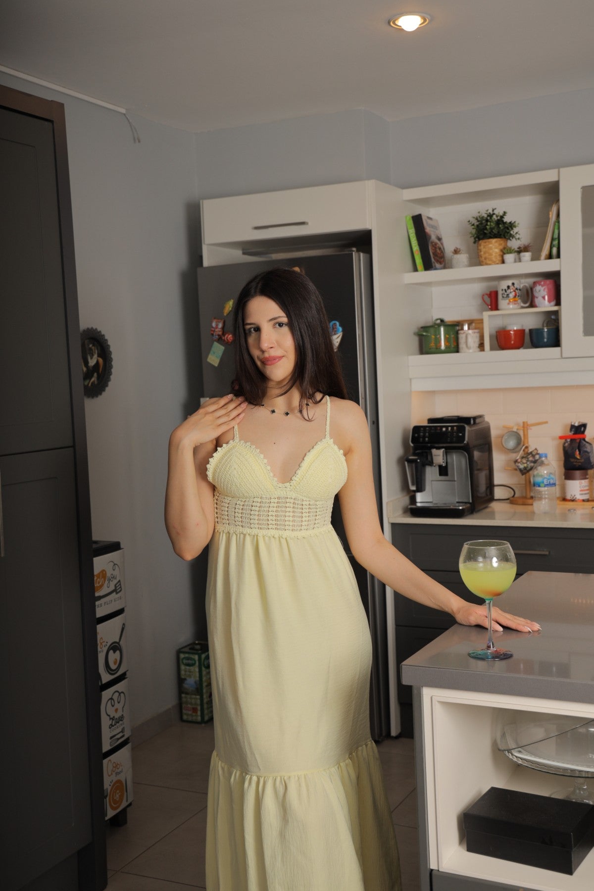 Sarı Örme Göğüs Detaylı Elbise