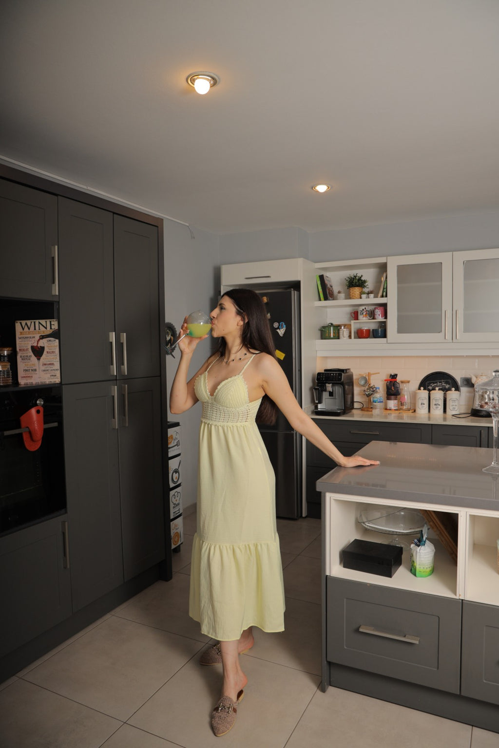 Sarı Örme Göğüs Detaylı Elbise