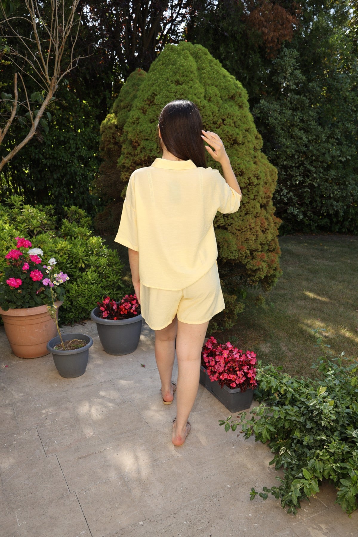 Sarı Keten Şort Gömlek Takım