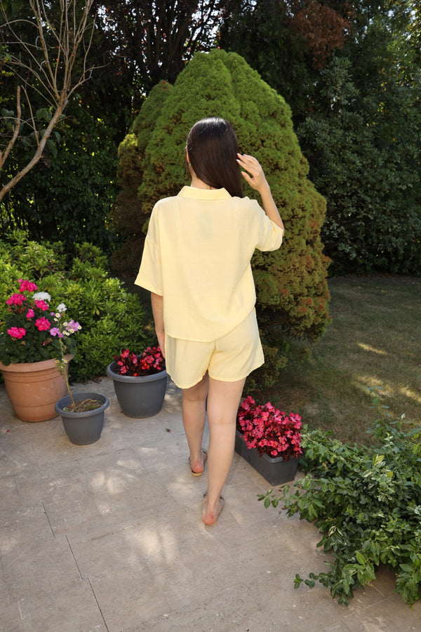 Sarı Keten Şort Gömlek Takım