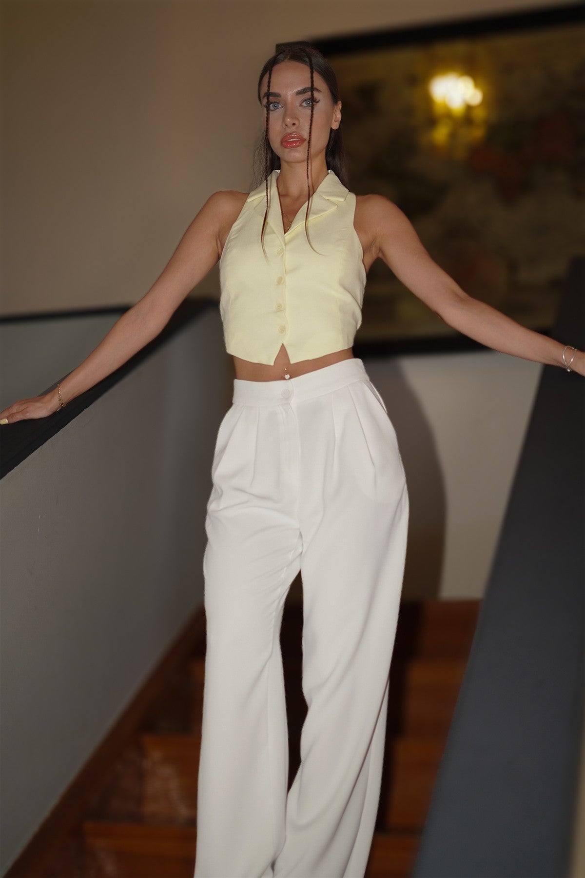 Sarı Bel Detaylı Yelek