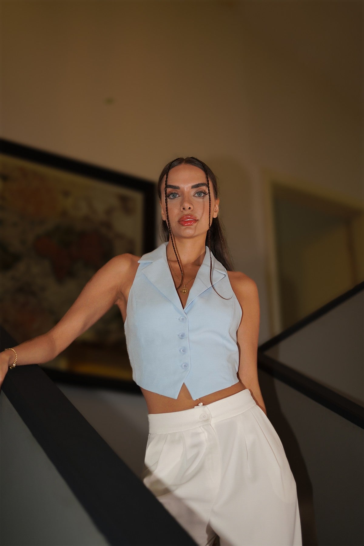 mavi bel detaylı yelek