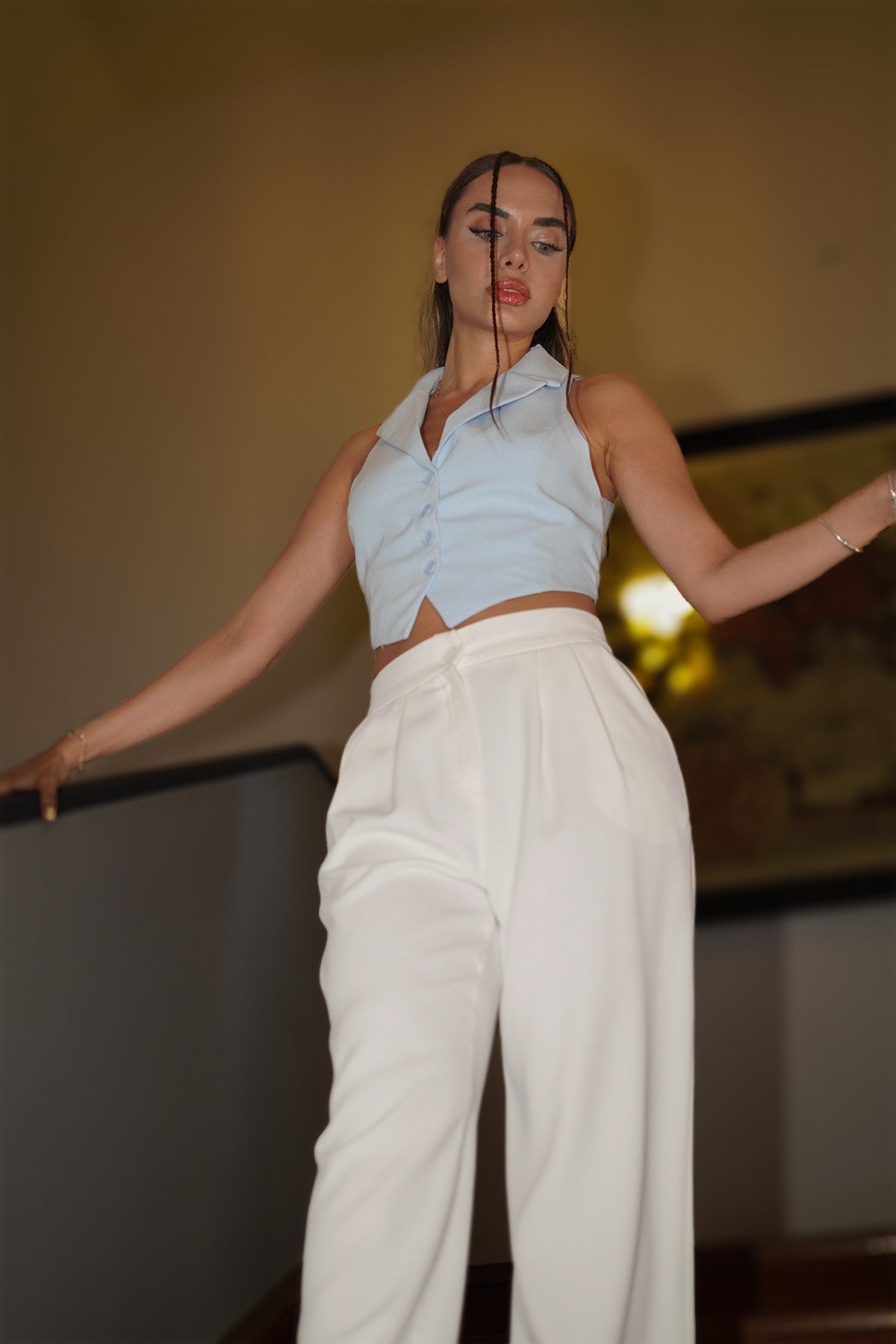 mavi bel detaylı yelek