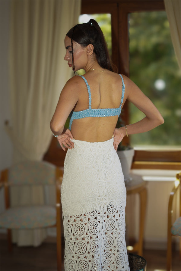 Krem Rengi Güpürlü Mavi Şeritli Elbise