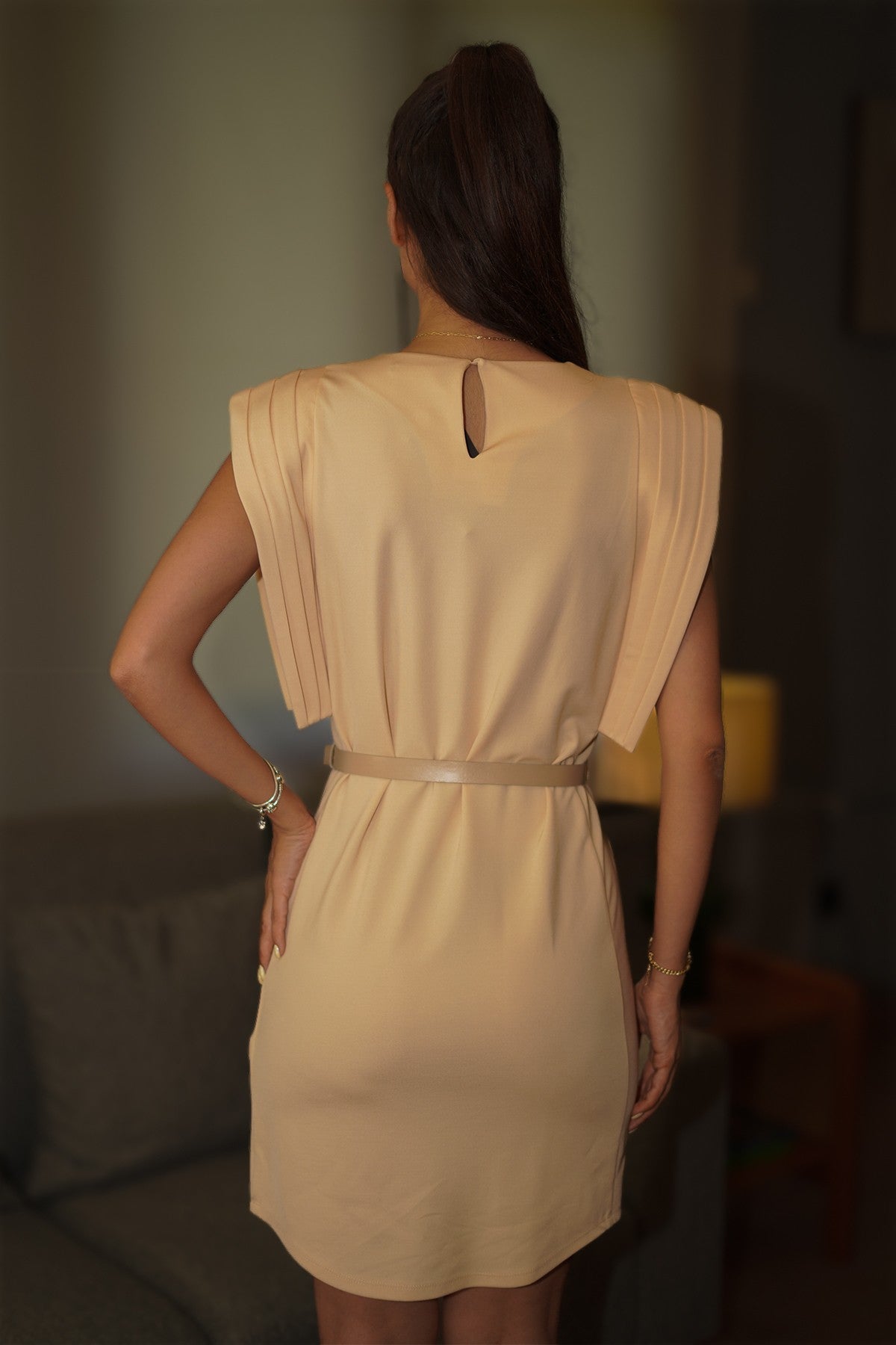 Vatkalı Ekru Mini Elbise