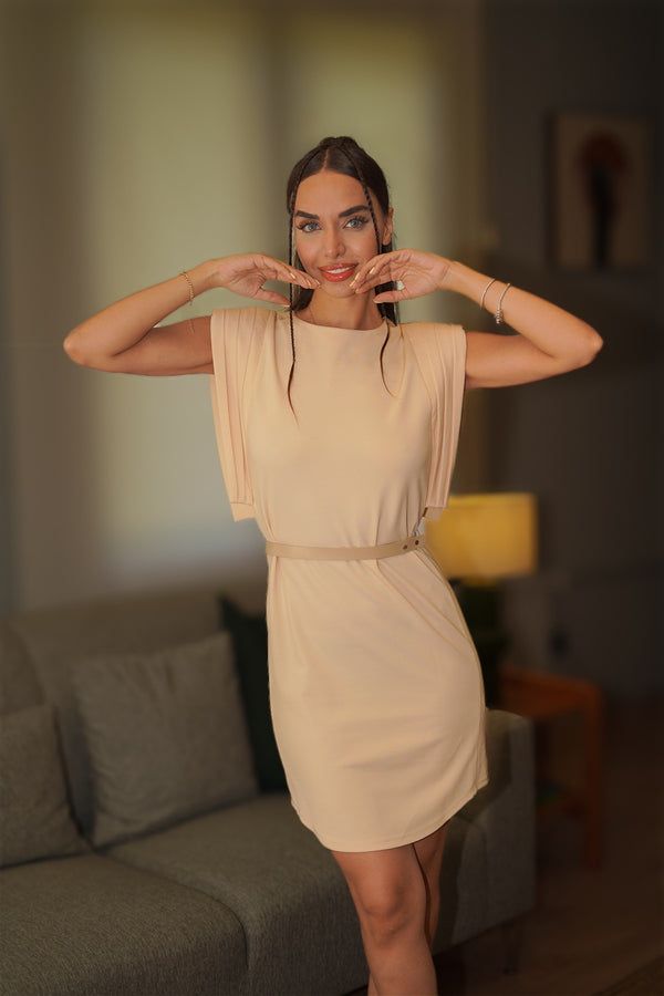 Vatkalı Ekru Mini Elbise