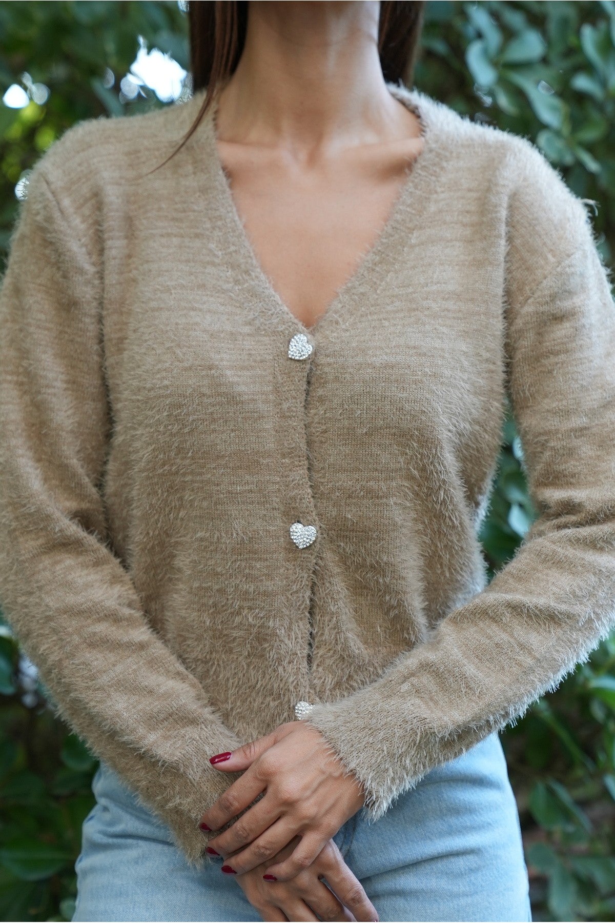 Bej Kalp Düğme Detaylı Hırka