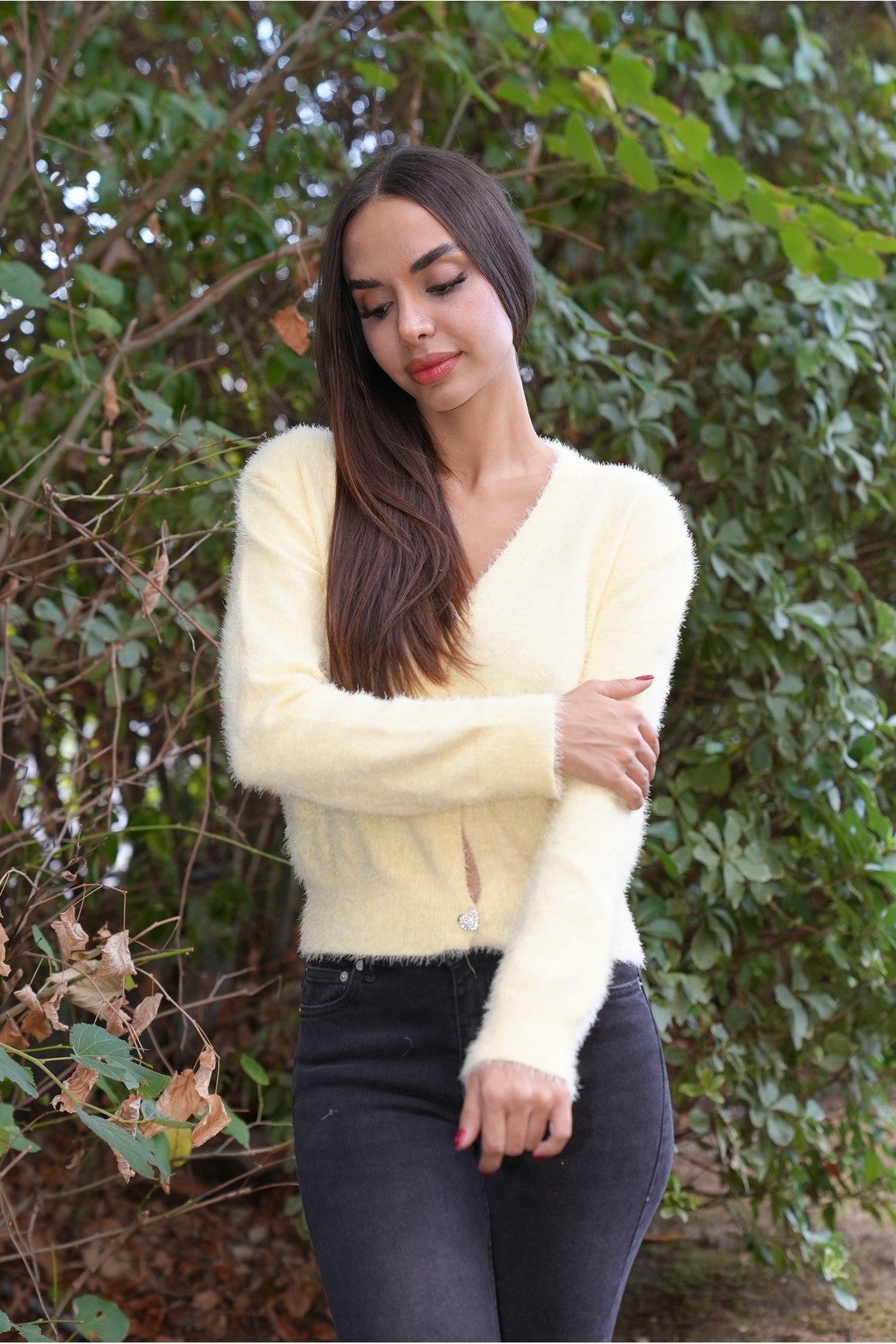 Sarı Düğme Kalp Detaylı Hırka