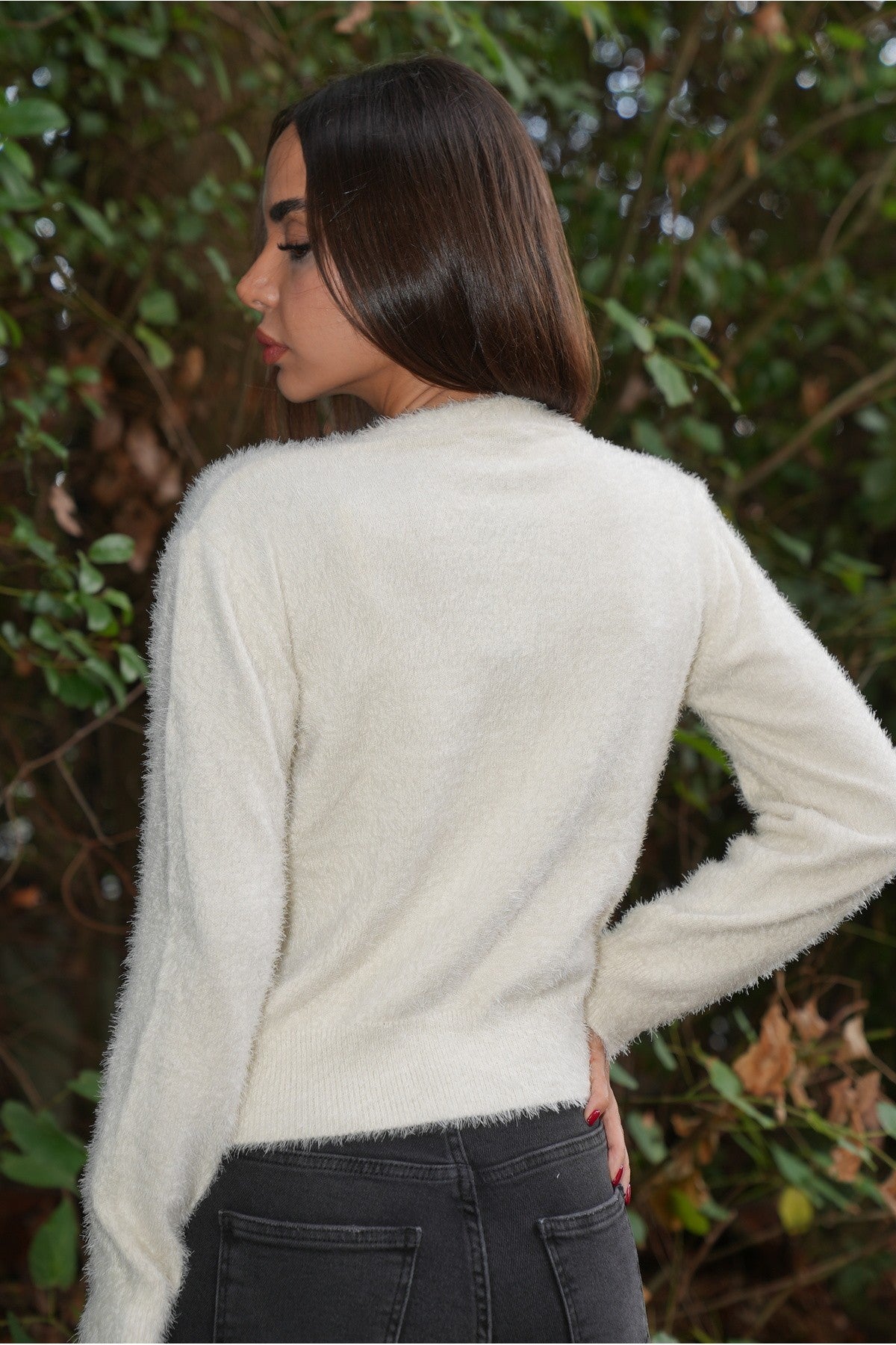 Krem Kalp Düğme Detaylı Hırka