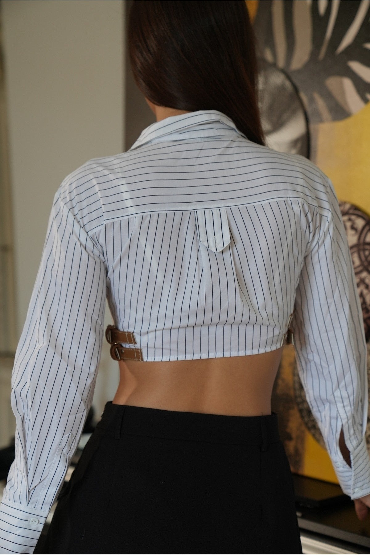 Siyah Beyaz Çizgili Crop Gömlek