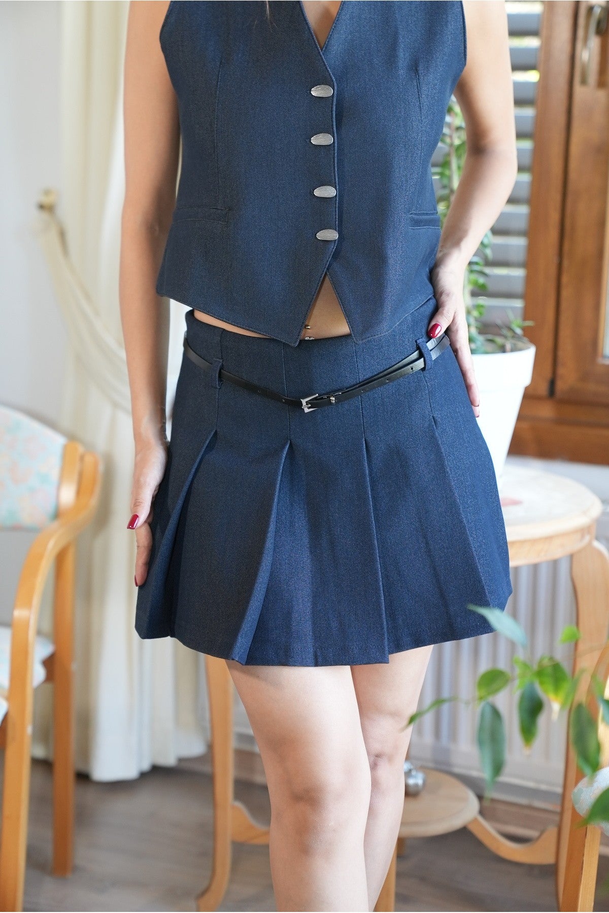 Lacivert Kemer Detay Şort Etek