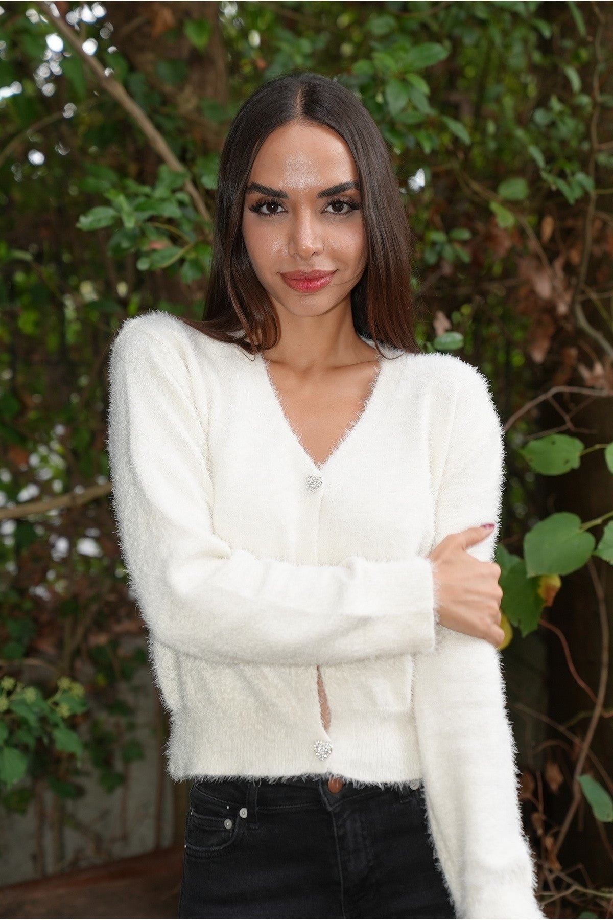 Krem Kalp Düğme Detaylı Hırka