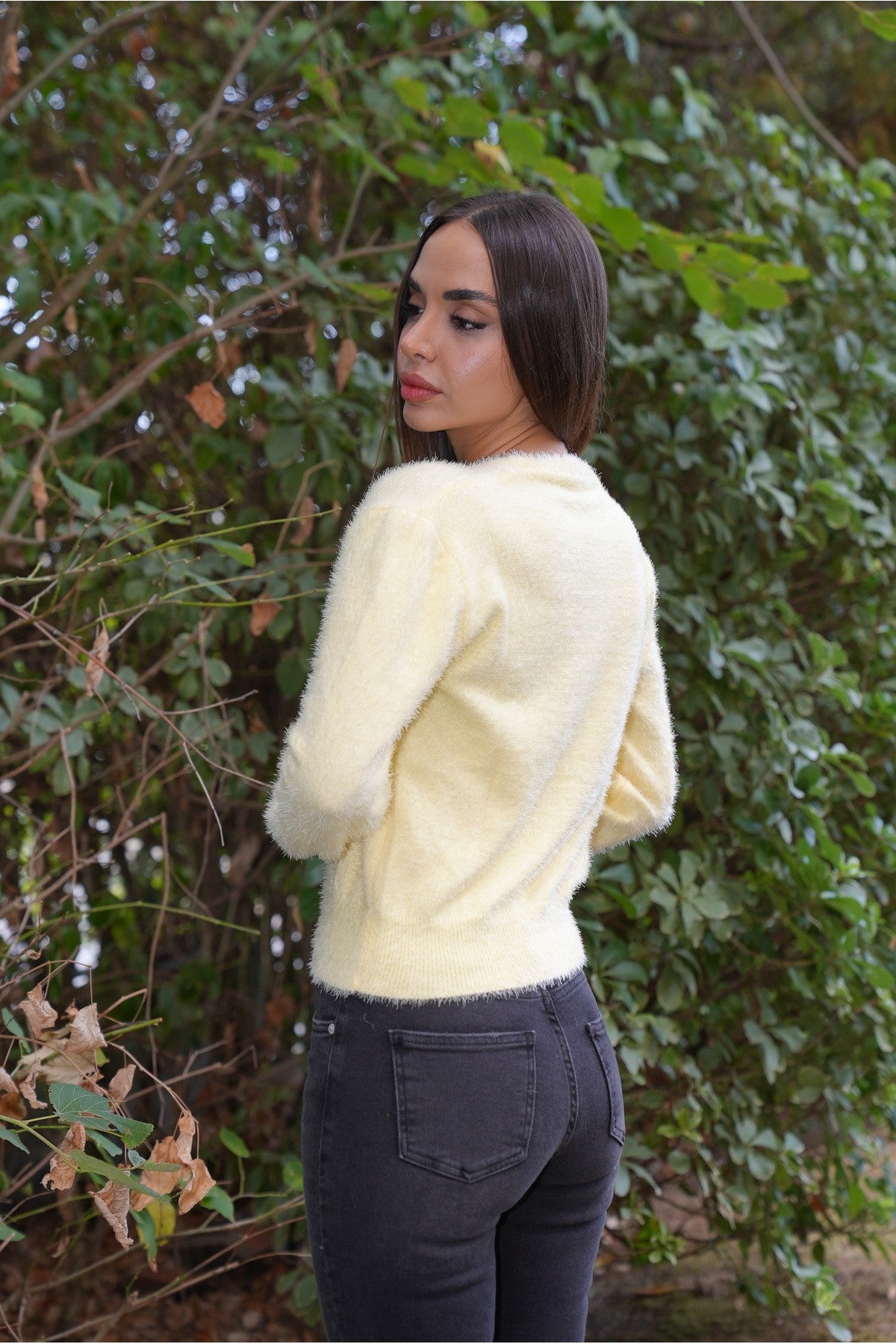 Sarı Düğme Kalp Detaylı Hırka