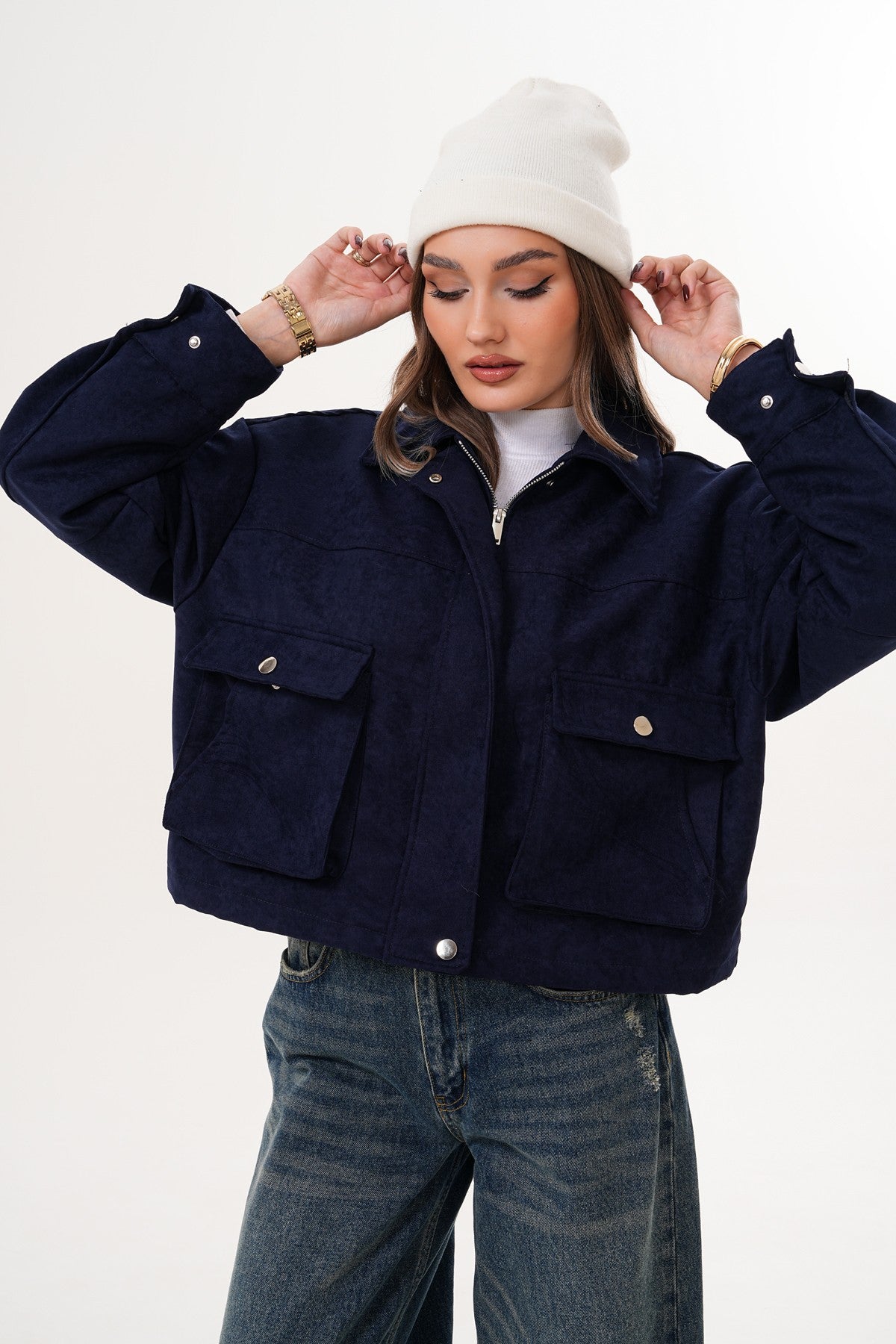 Lacivert Cep Detaylı Süet Ceket