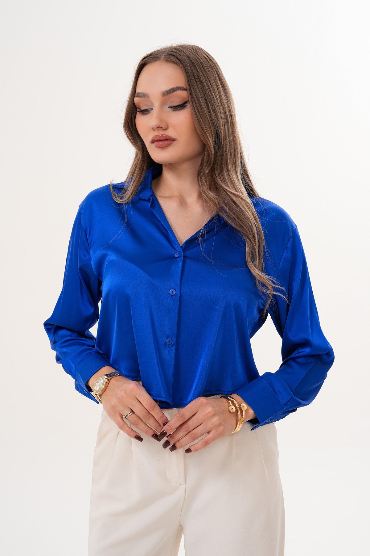 Saks Mavi Saten Gömlek