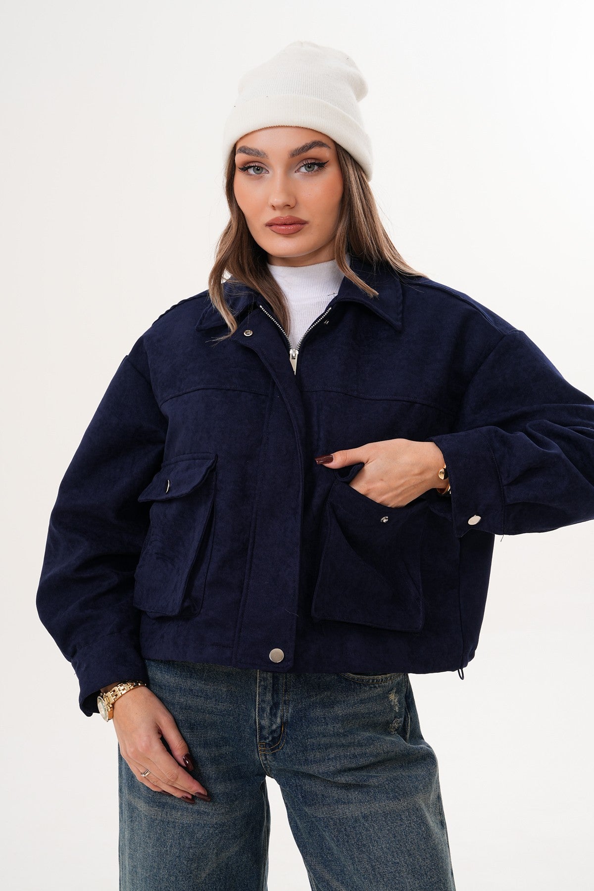Lacivert Cep Detaylı Süet Ceket