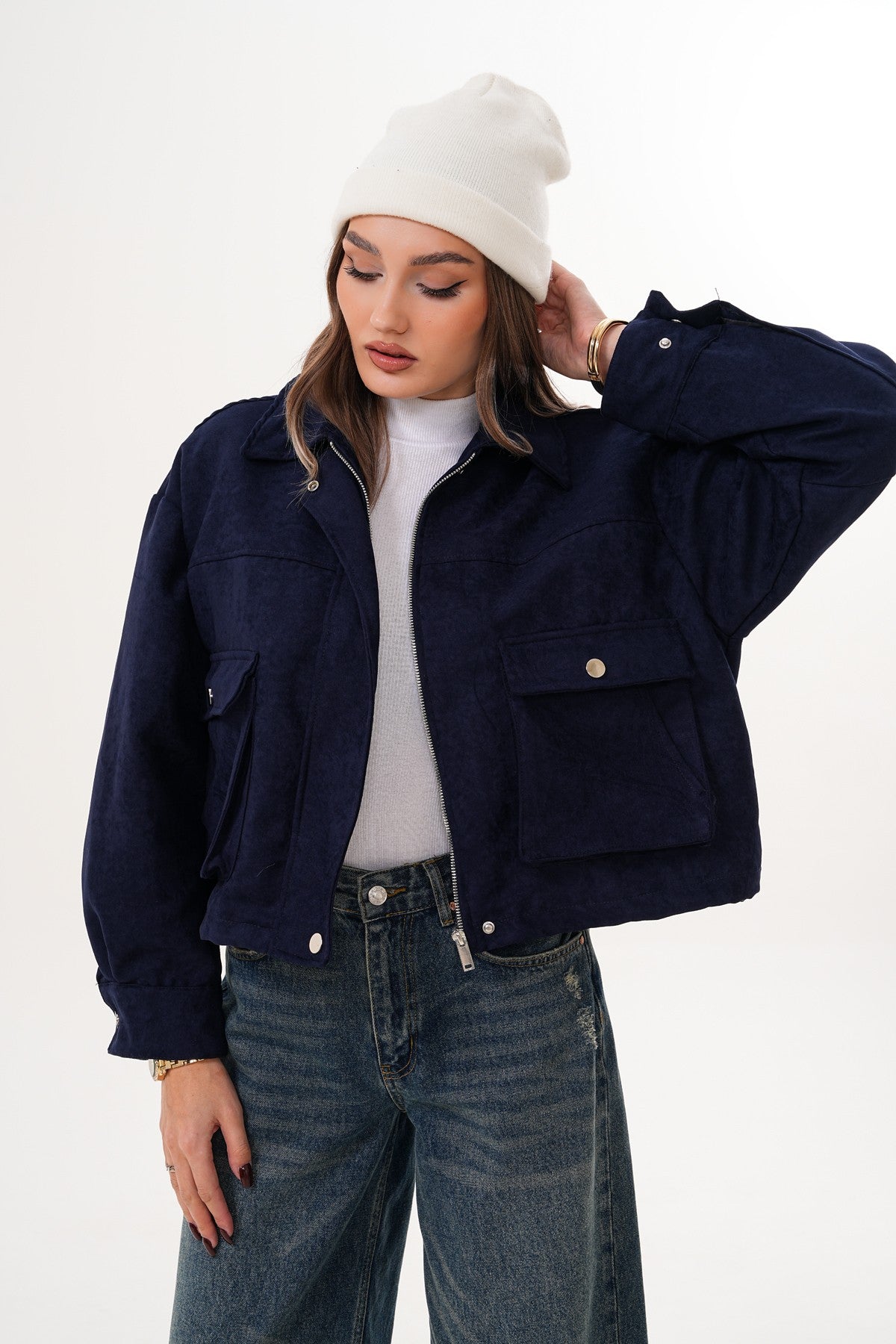 Lacivert Cep Detaylı Süet Ceket