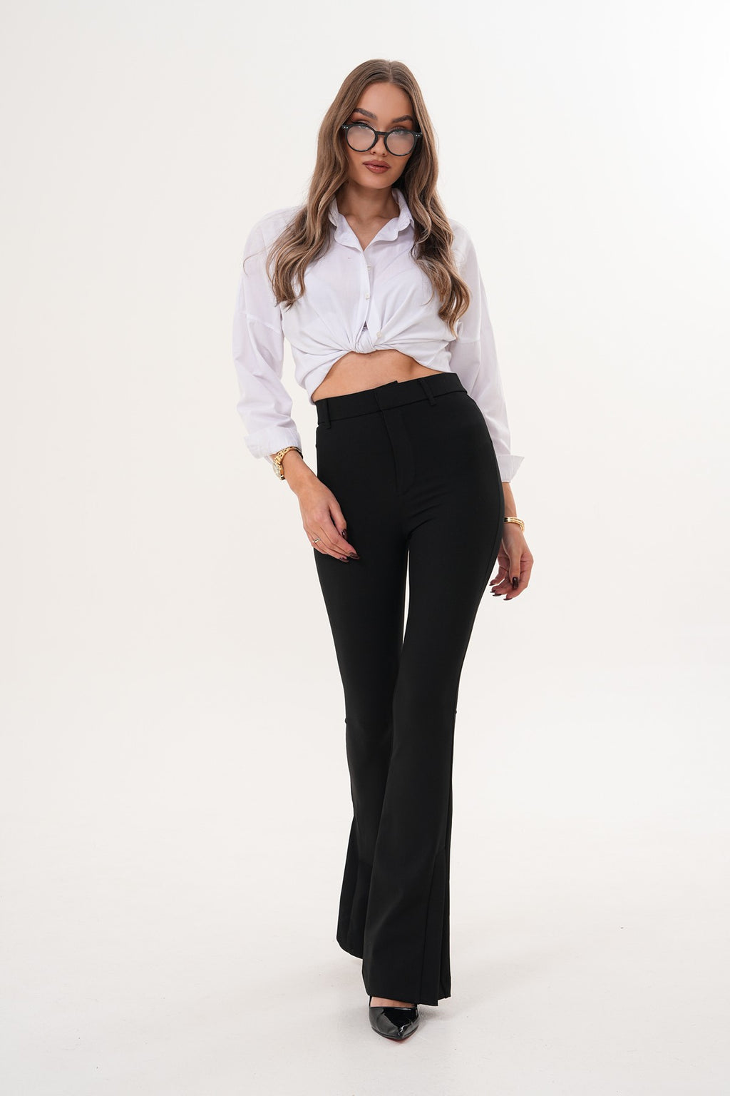 Siyah Dalgıç Kumaş Paça Yırtmaç Detaylı İspanyol Pantolon