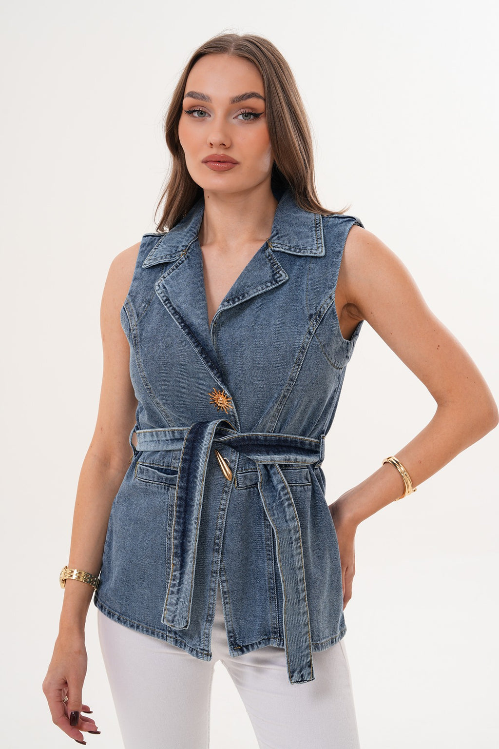 Kemerli Ön Düğme Detaylı Yelek