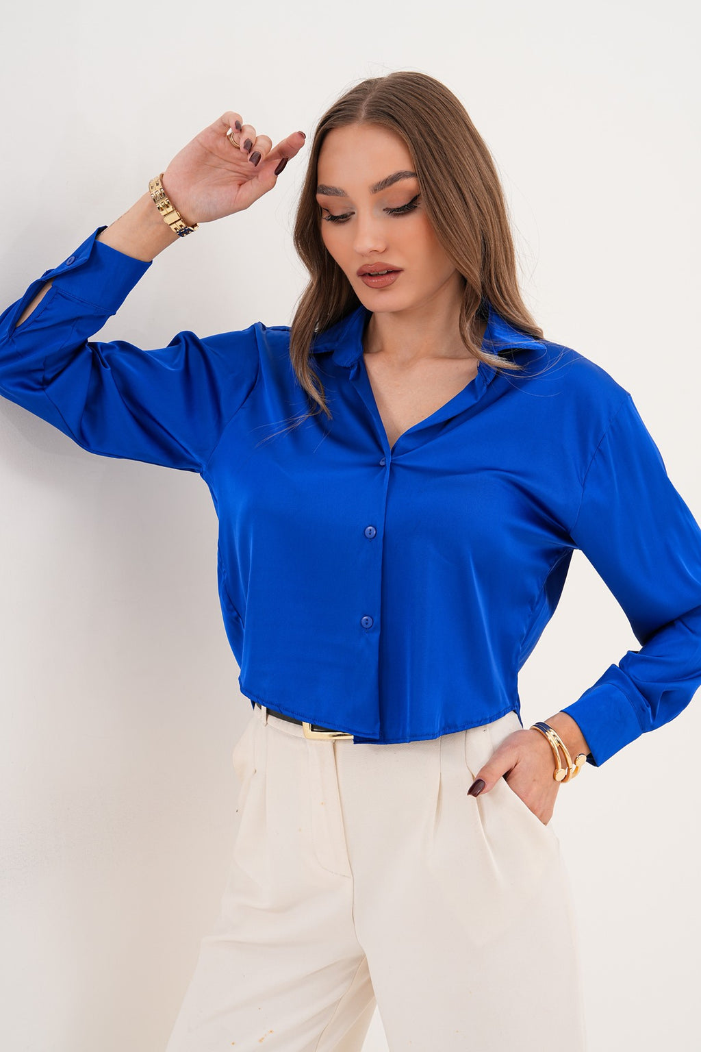 Saks Mavi Saten Gömlek