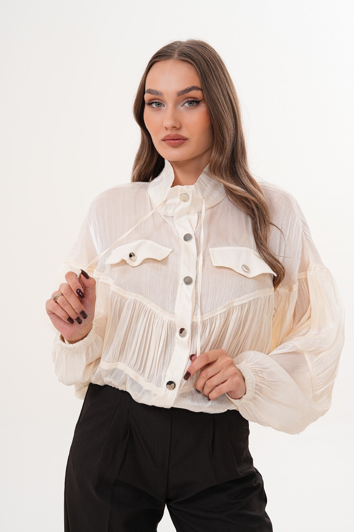 Transparan Vanilya Rengi Düğmeli Ceket