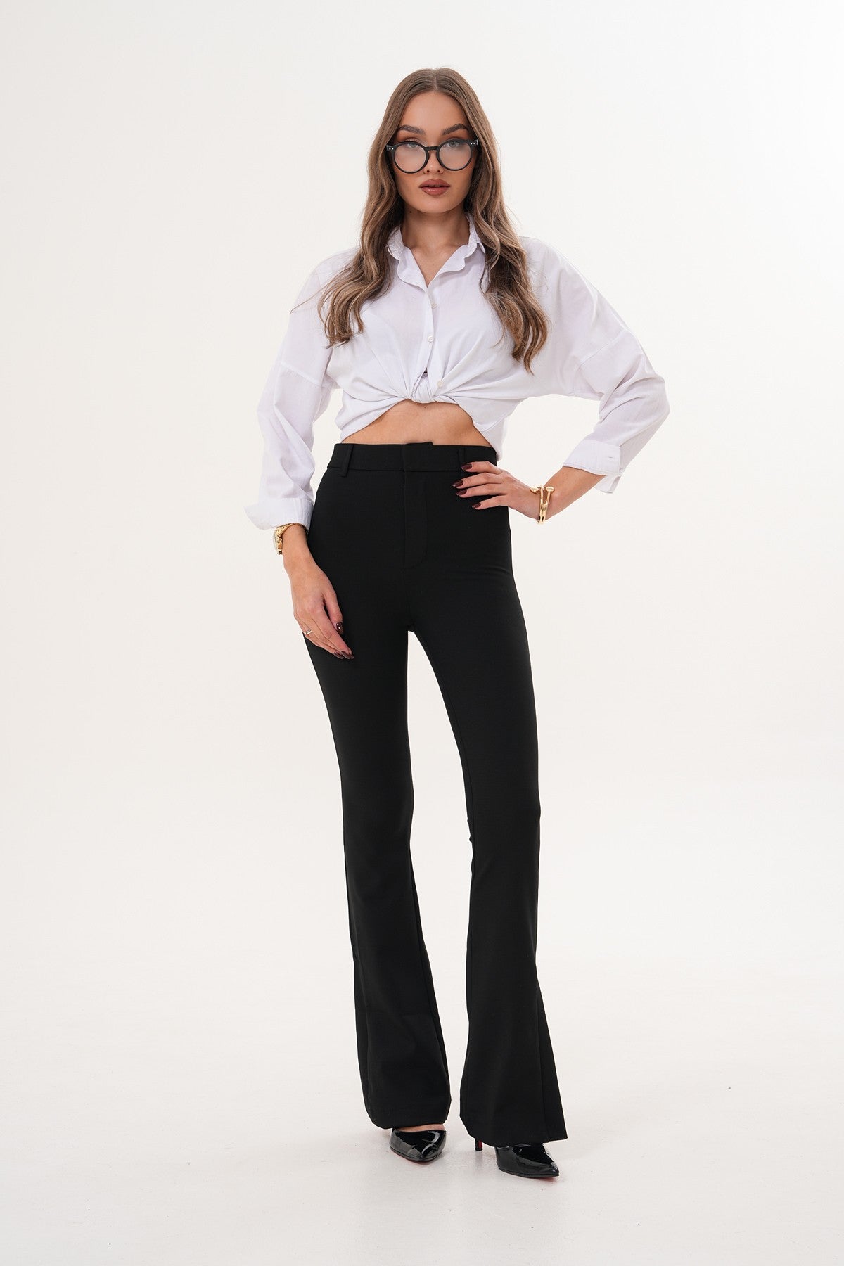 Siyah Dalgıç Kumaş Paça Yırtmaç Detaylı İspanyol Pantolon