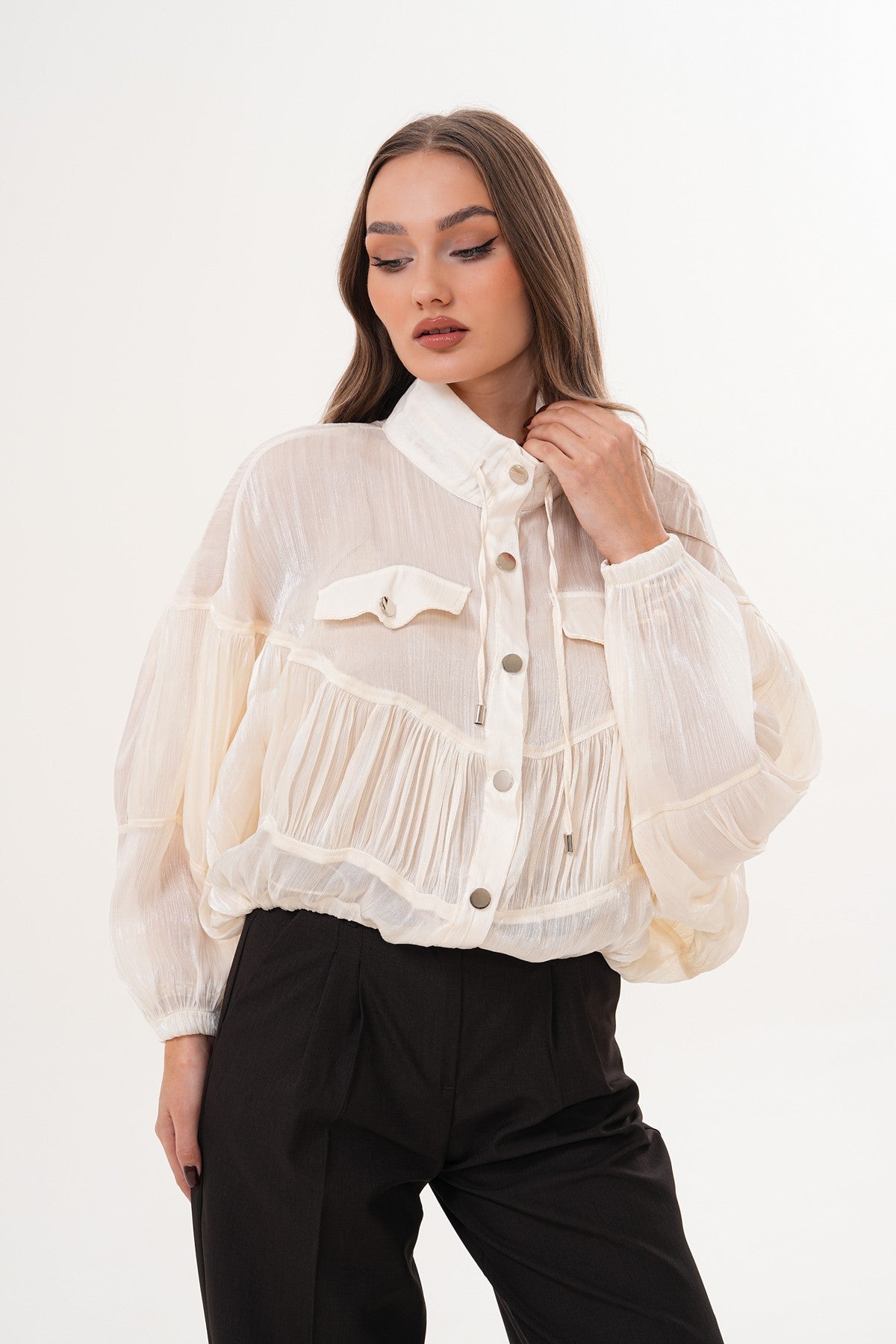 Transparan Vanilya Rengi Düğmeli Ceket